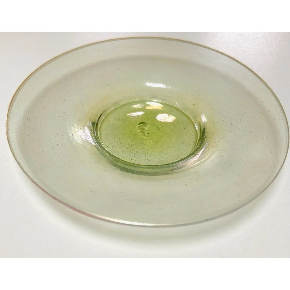 Hand Blown Green Recycled Glass Iridescent w/‎ Pink Trim 6 1/4” Plate Set Of 2